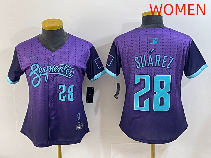 Women 2025 Arizona Diamondback 28 Suarez Purple Joint Name Nike MLB Jersey style 6